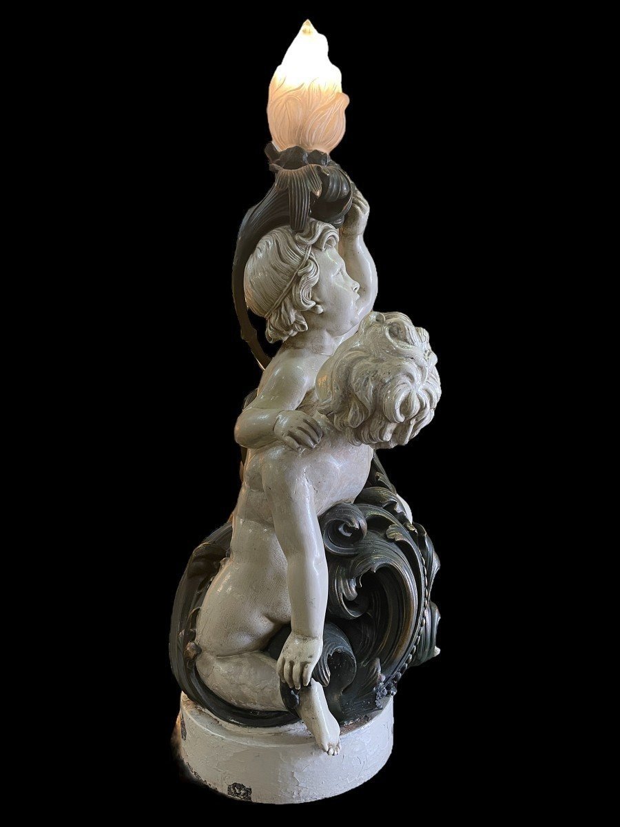 Grande Sculpture / Lampadaire " 2 Putti Renaissance " En Plâtre 19ème-photo-2