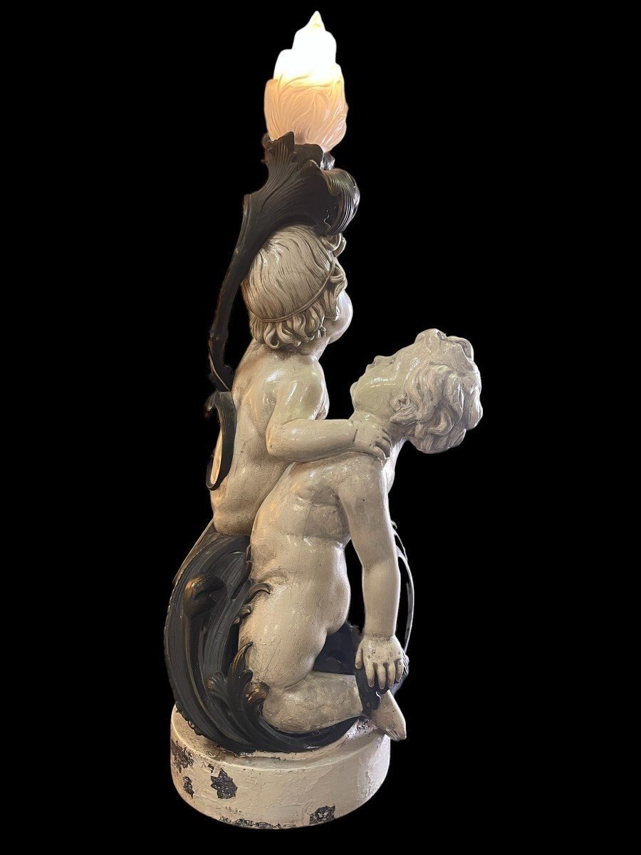Grande Sculpture / Lampadaire " 2 Putti Renaissance " En Plâtre 19ème-photo-3