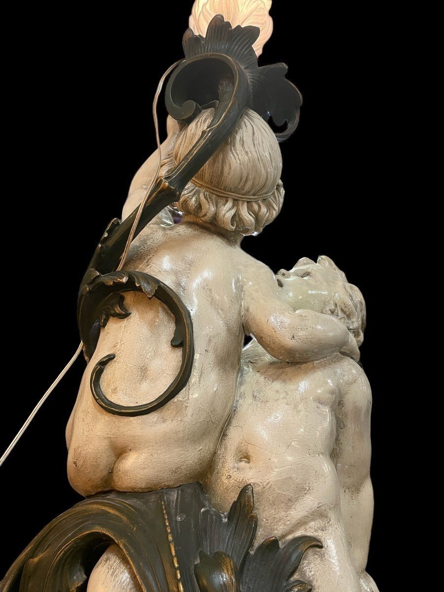 Grande Sculpture / Lampadaire " 2 Putti Renaissance " En Plâtre 19ème-photo-4