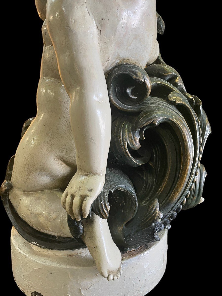Grande Sculpture / Lampadaire " 2 Putti Renaissance " En Plâtre 19ème-photo-5