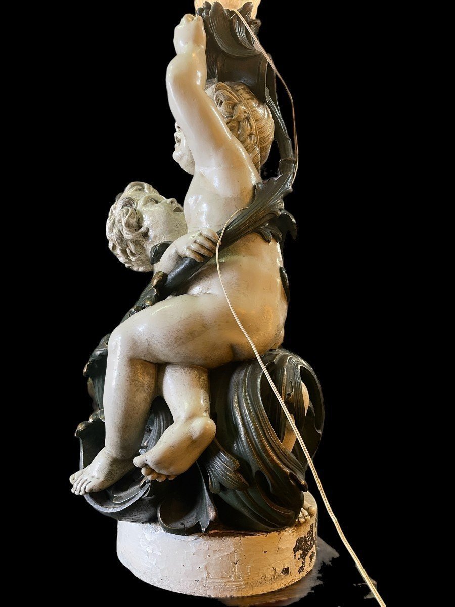Grande Sculpture / Lampadaire " 2 Putti Renaissance " En Plâtre 19ème-photo-6