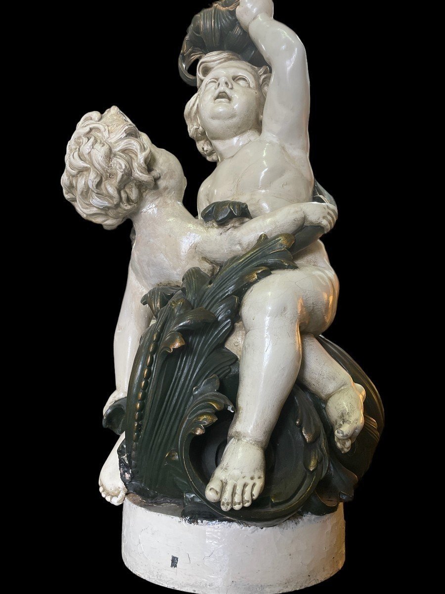 Grande Sculpture / Lampadaire " 2 Putti Renaissance " En Plâtre 19ème-photo-7