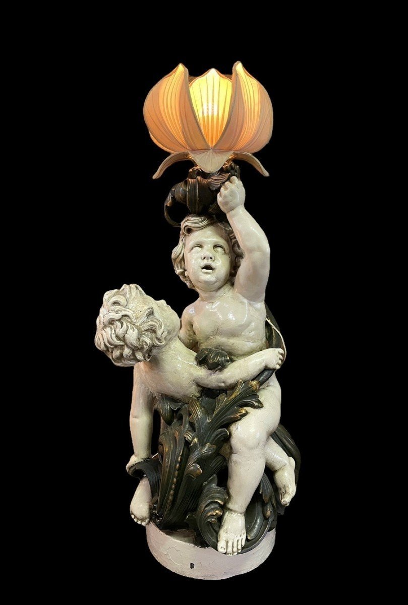 Large Sculpture / Floor Lamp "2 Putti Renaissance" In Plaster 19thc.-photo-8