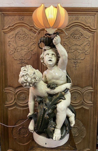 Large Sculpture / Floor Lamp "2 Putti Renaissance" In Plaster 19thc.