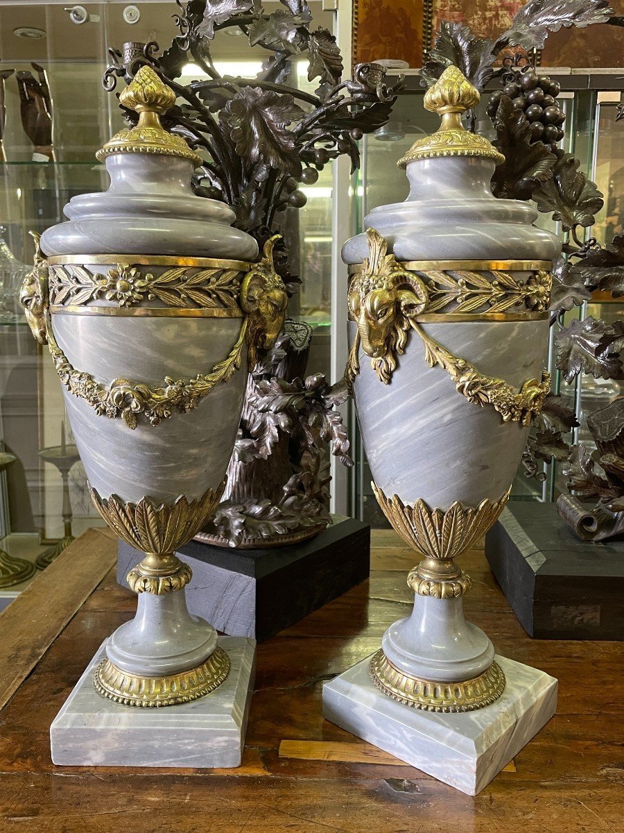 Pair Of Large Casollettes In Gray Marble/bronze  19thc.