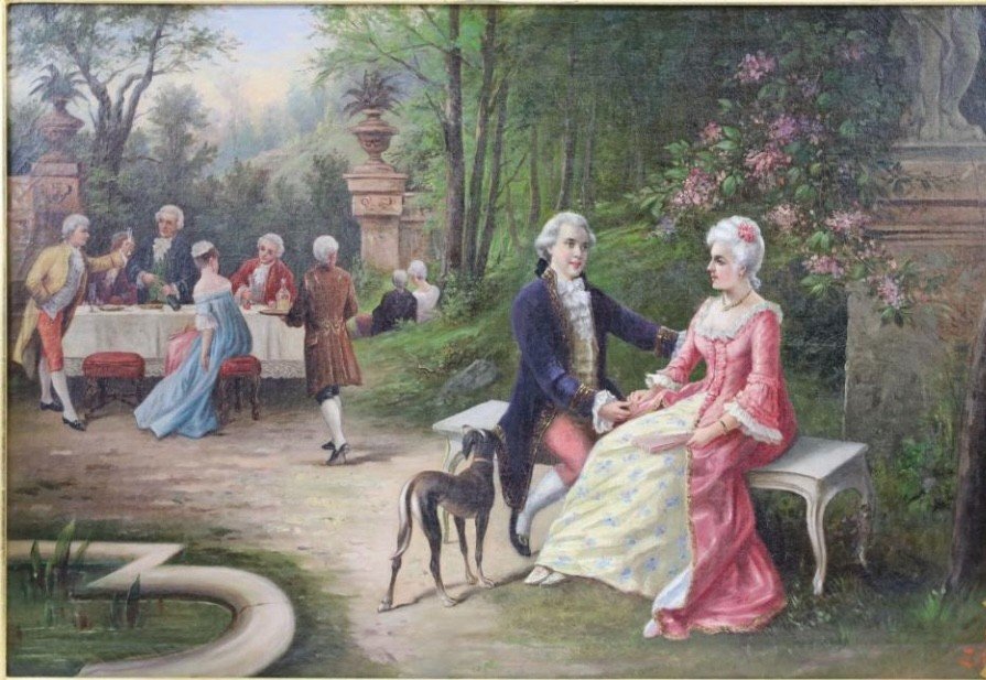Painting "animated View Of A Park With Gallant Scene At The Fountain" Oil On Canvas 19thc.-photo-2