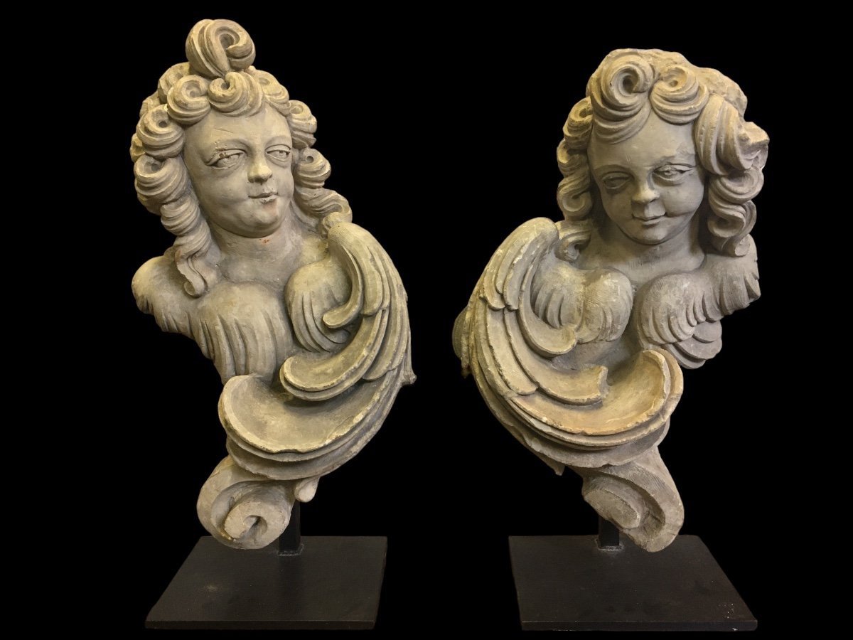2 Magnificent Sculpted Angel Heads 17th Century 84 And 80 Cm -photo-3