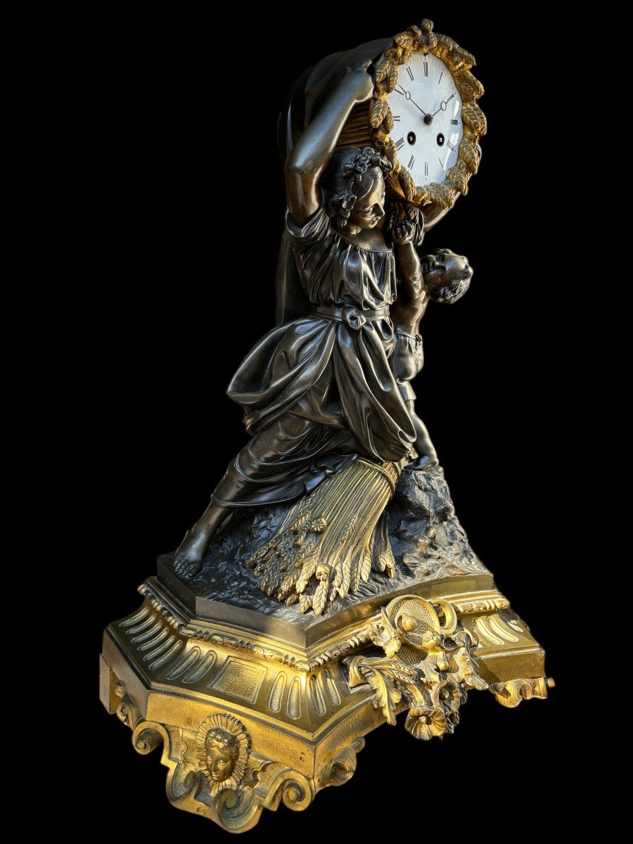 Special Clock "the Grain Harvest" In Patinated/gilded Bronze 19thc.-photo-2