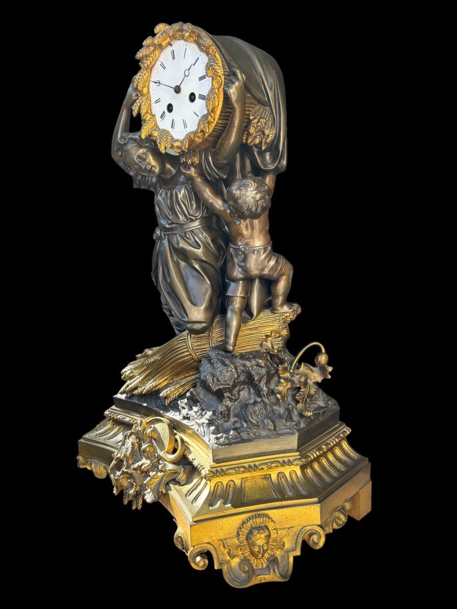 Special Clock "the Grain Harvest" In Patinated/gilded Bronze 19thc.-photo-3
