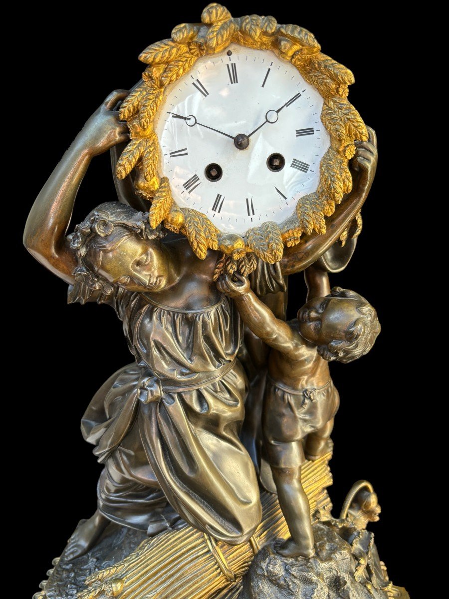 Special Clock "the Grain Harvest" In Patinated/gilded Bronze 19thc.-photo-4