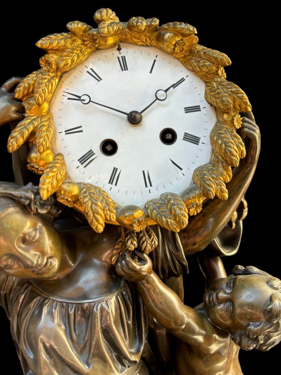 Special Clock "the Grain Harvest" In Patinated/gilded Bronze 19thc.-photo-6