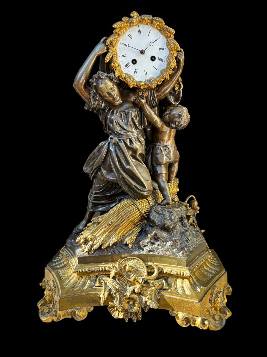 Special Clock "the Grain Harvest" In Patinated/gilded Bronze 19thc.