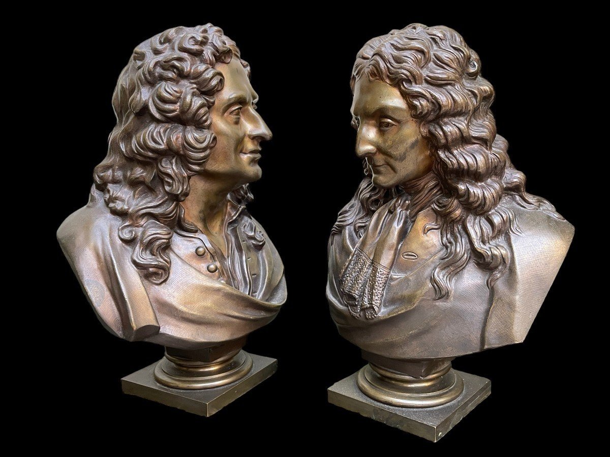 Paire De Bustes De Nobles ( Voltaire & Rousseau ) En Bronze 19ème.-photo-4
