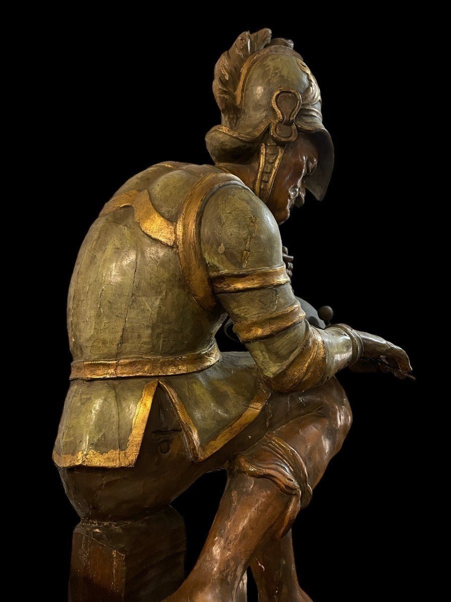 Special Standing Clock With Mechanism And Warrior Statue In Polychrome Wood Late 18th Century.-photo-3
