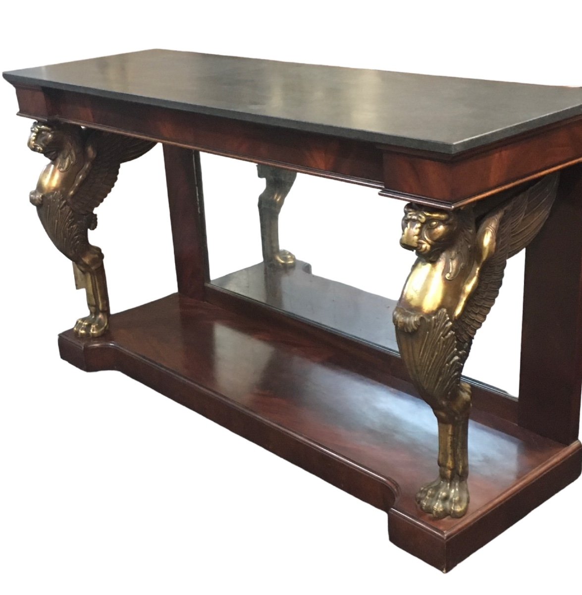 2 Empire Bronze And Mahogany Consoles Marble Top -photo-2