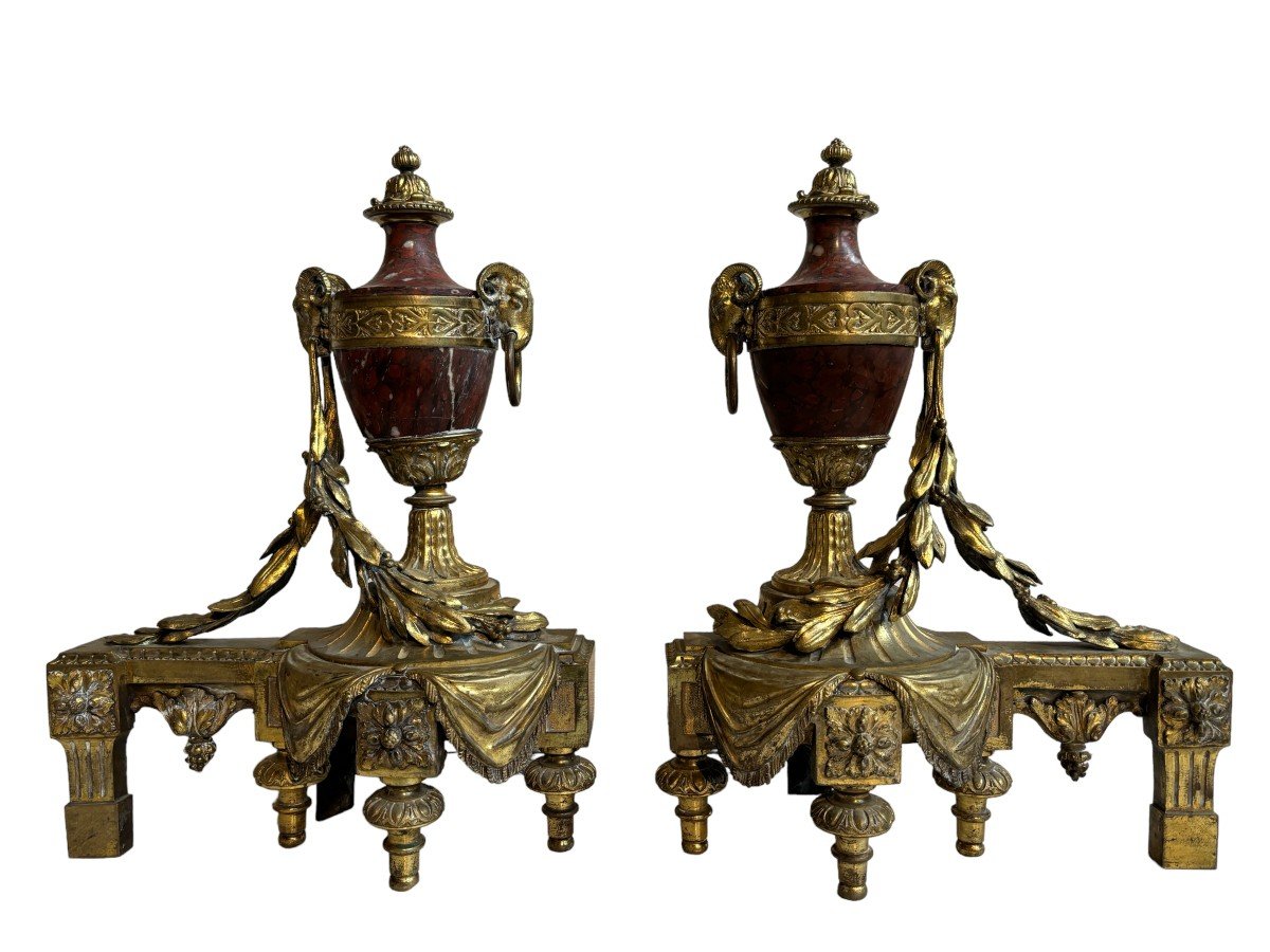 Pair Of Louis XVI Style Andirons In Gilt Bronze And Marble 19thc.-photo-2