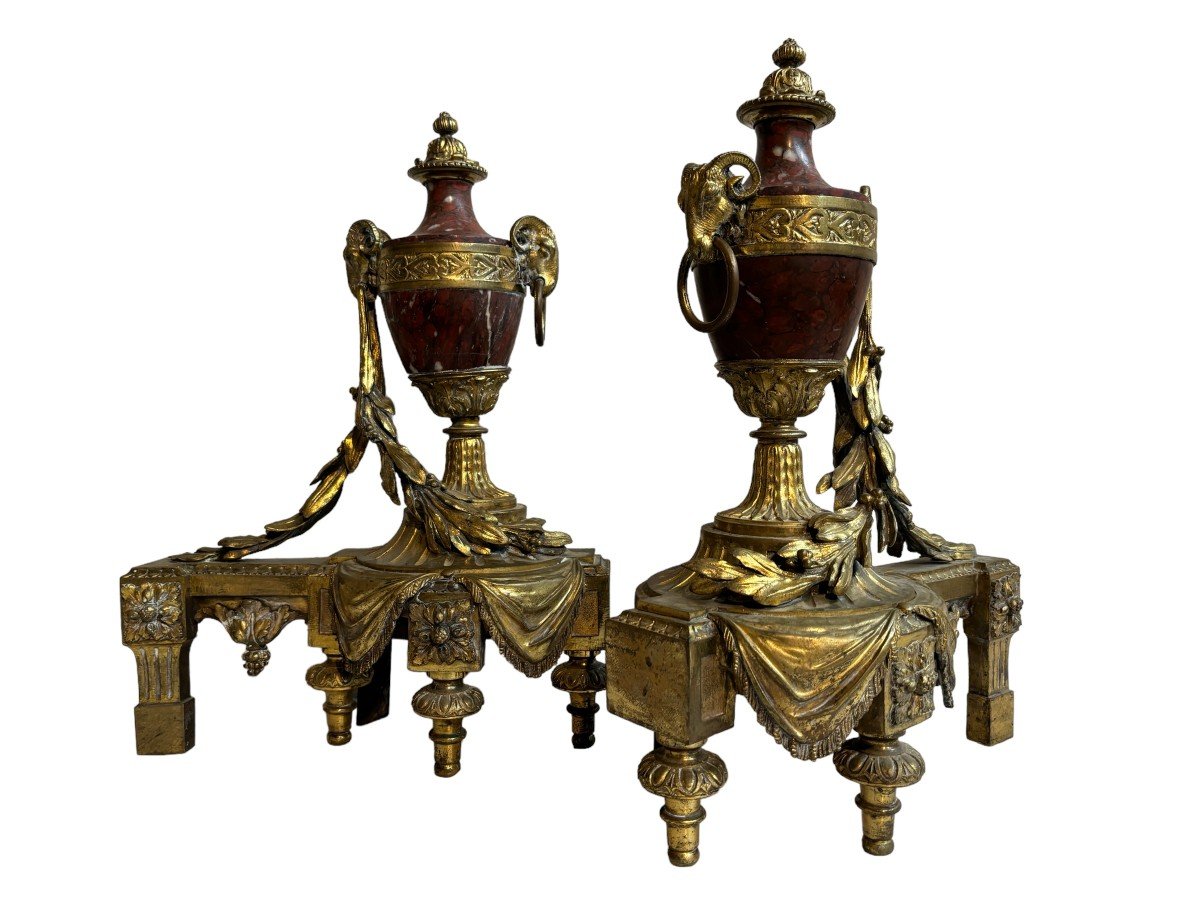 Pair Of Louis XVI Style Andirons In Gilt Bronze And Marble 19thc.-photo-3