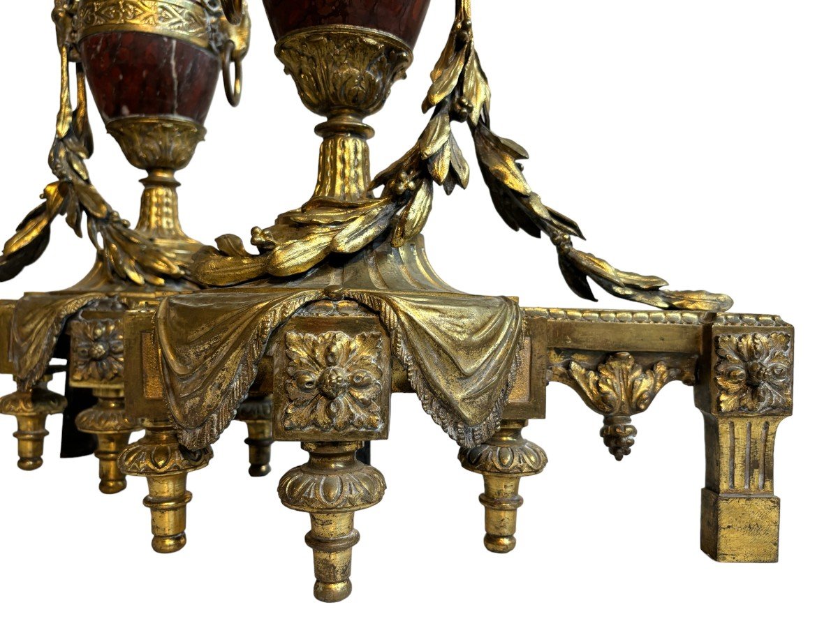Pair Of Louis XVI Style Andirons In Gilt Bronze And Marble 19thc.-photo-4