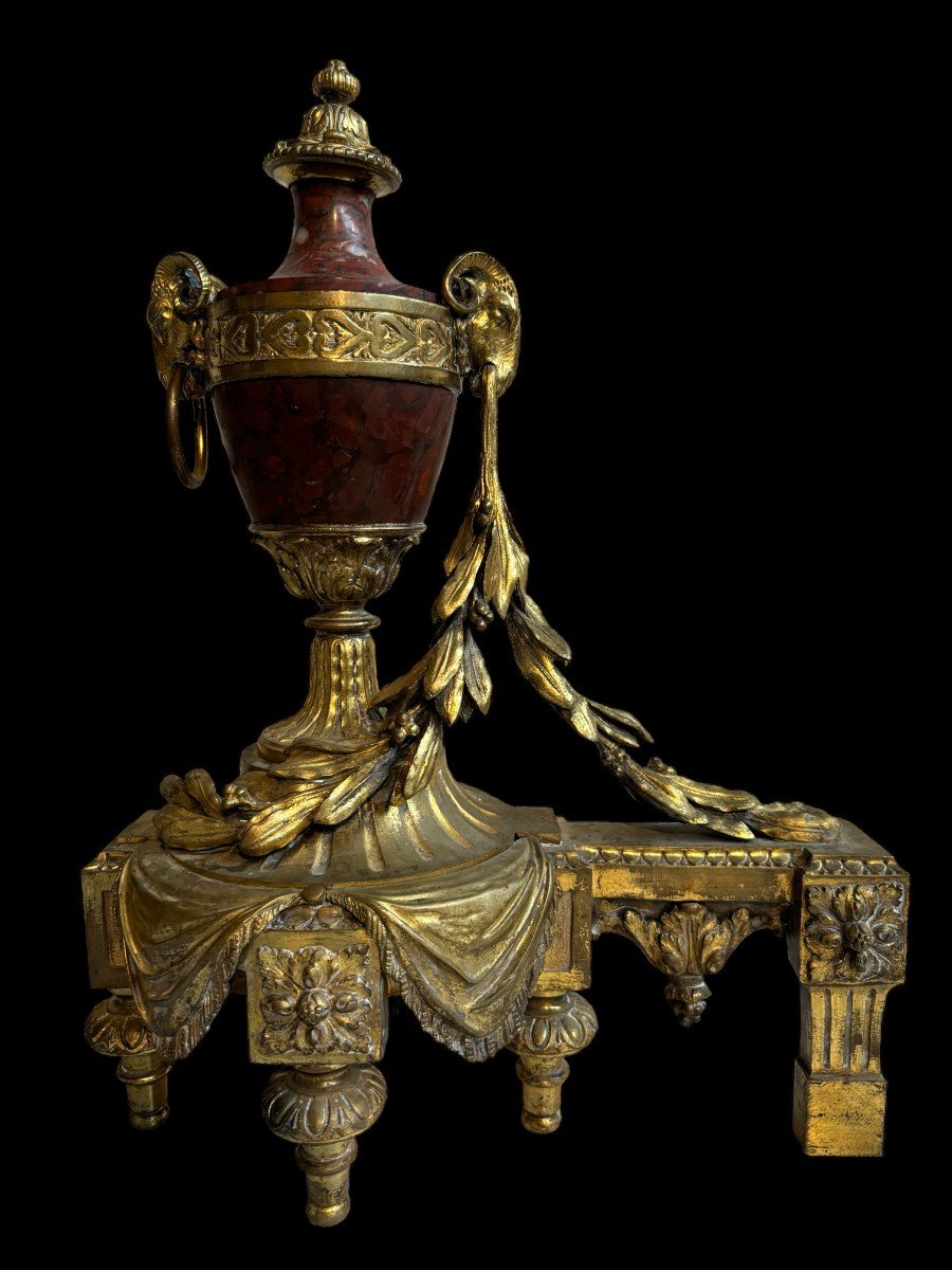 Pair Of Louis XVI Style Andirons In Gilt Bronze And Marble 19thc.-photo-1
