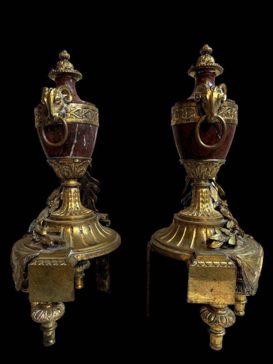 Pair Of Louis XVI Style Andirons In Gilt Bronze And Marble 19thc.-photo-4