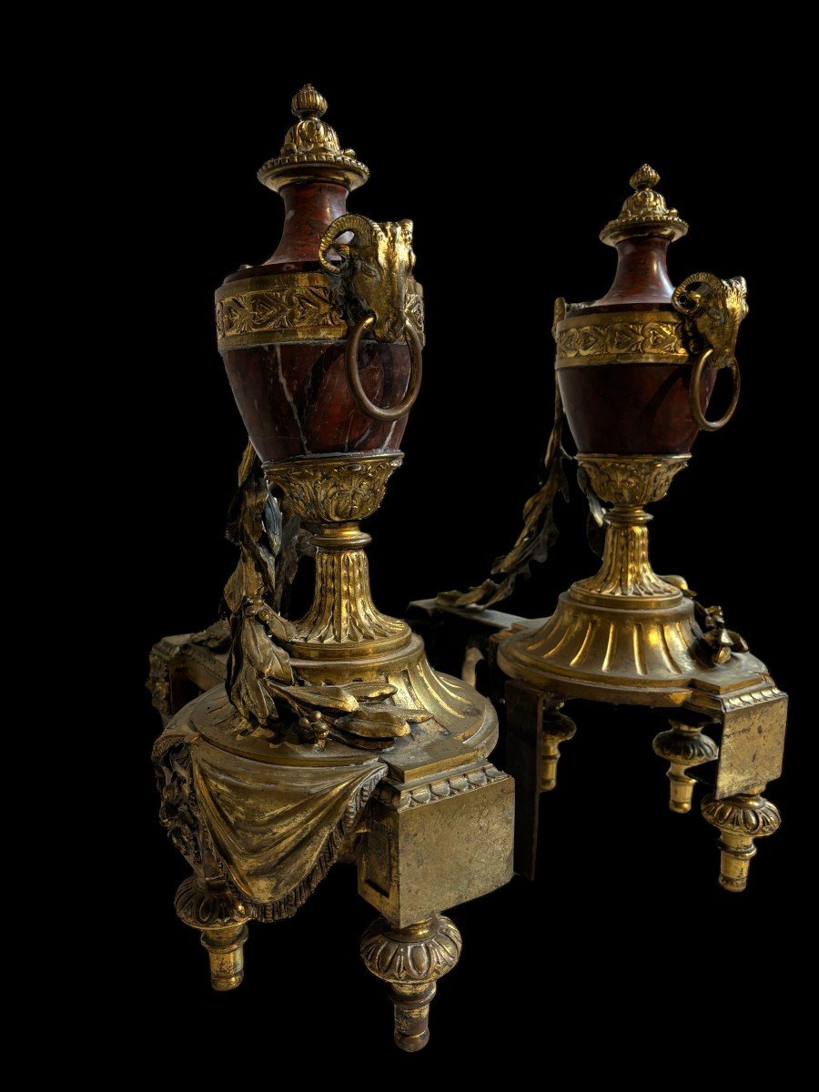 Pair Of Louis XVI Style Andirons In Gilt Bronze And Marble 19thc.-photo-5