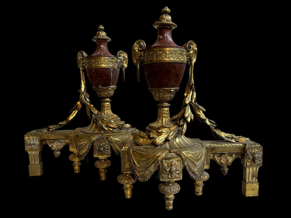 Pair Of Louis XVI Style Andirons In Gilt Bronze And Marble 19thc.-photo-6