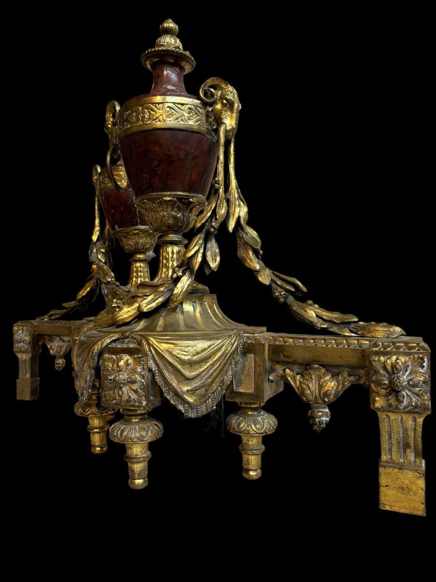Pair Of Louis XVI Style Andirons In Gilt Bronze And Marble 19thc.-photo-8