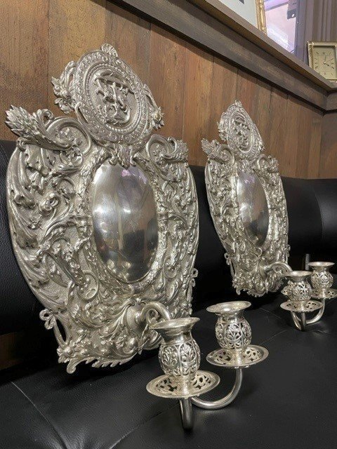 Pair Of Wall Sconces / Candle Holders In Silver Metal 19thc.-photo-2