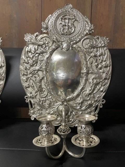 Pair Of Wall Sconces / Candle Holders In Silver Metal 19thc.-photo-4