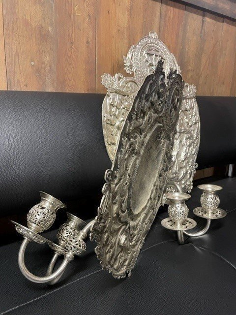 Pair Of Wall Sconces / Candle Holders In Silver Metal 19thc.-photo-1