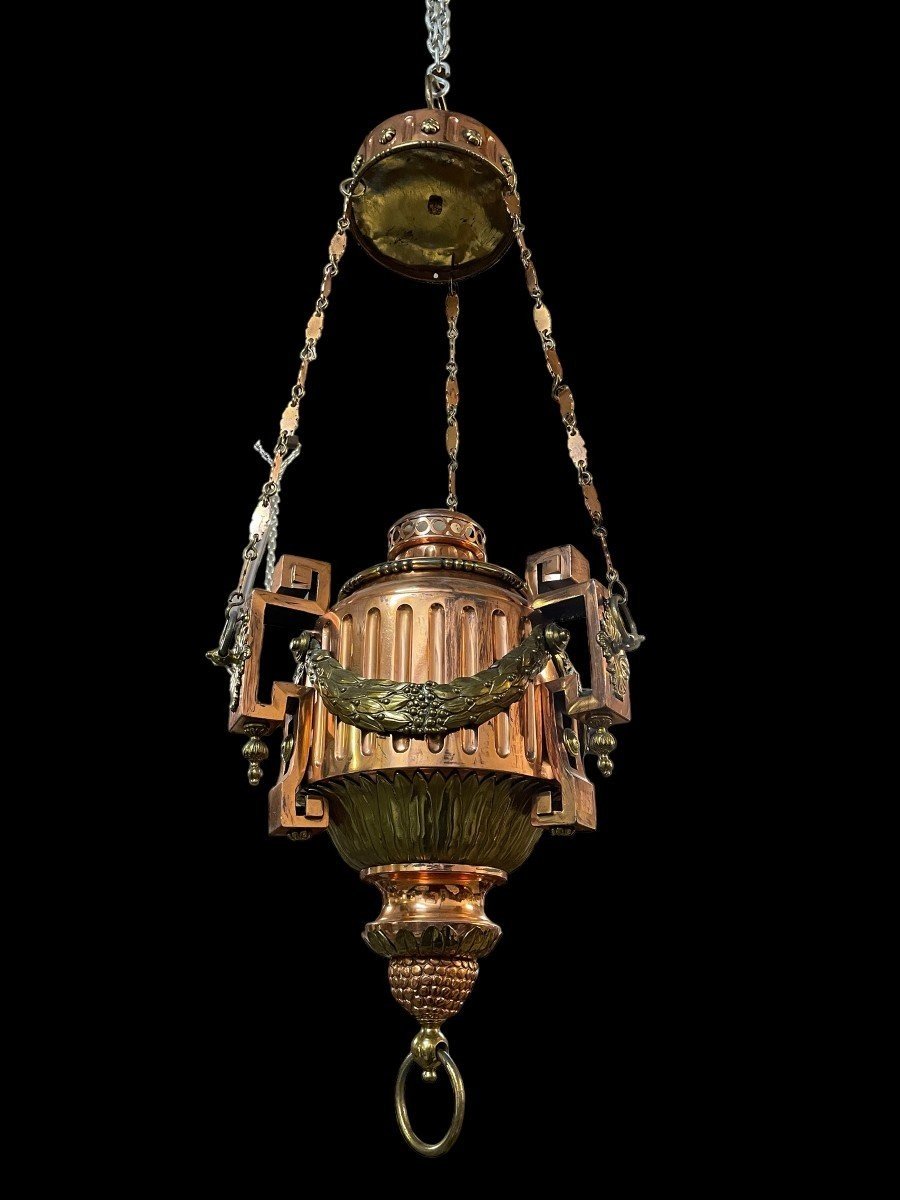 Grande "lampe-dieu" En Cuivre Jaune Et Rouge De Style Louis XVI 19ème.-photo-2