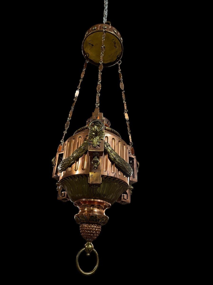Grande "lampe-dieu" En Cuivre Jaune Et Rouge De Style Louis XVI 19ème.-photo-1
