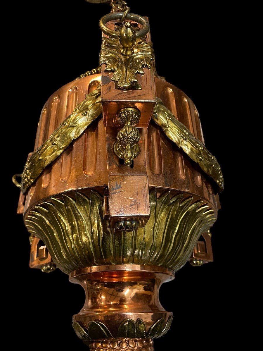 Grande "lampe-dieu" En Cuivre Jaune Et Rouge De Style Louis XVI 19ème.-photo-7