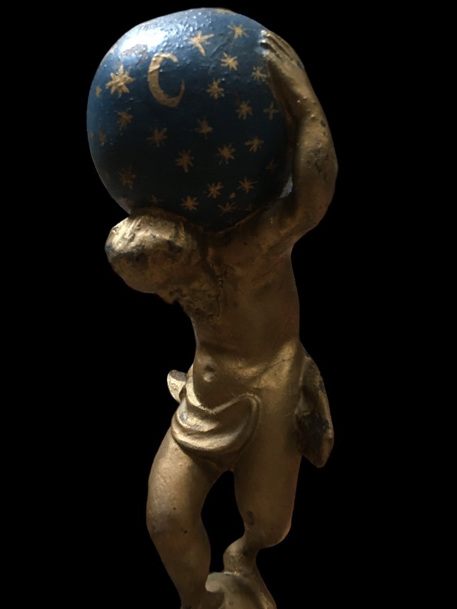 Wooden Sculpture (atlas) On Green Marble Base.-photo-2