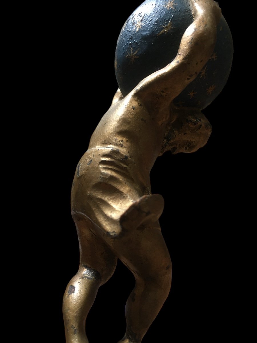 Wooden Sculpture (atlas) On Green Marble Base.-photo-4