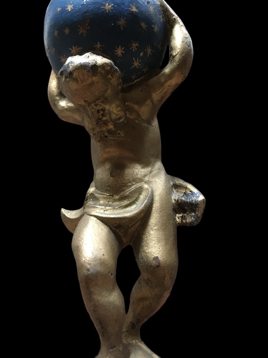 Wooden Sculpture (atlas) On Green Marble Base.-photo-1