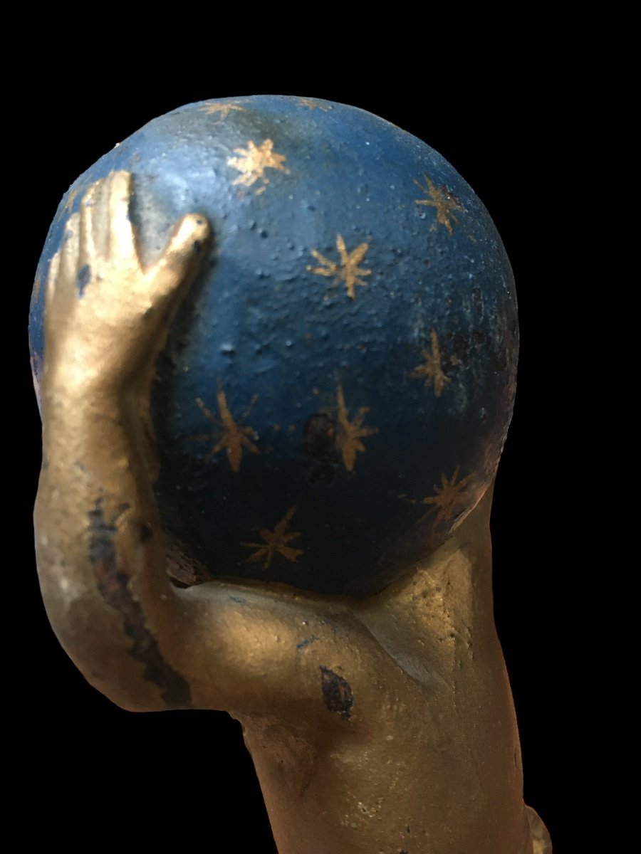 Wooden Sculpture (atlas) On Green Marble Base.-photo-3