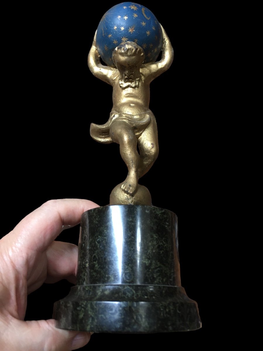 Wooden Sculpture (atlas) On Green Marble Base.-photo-8