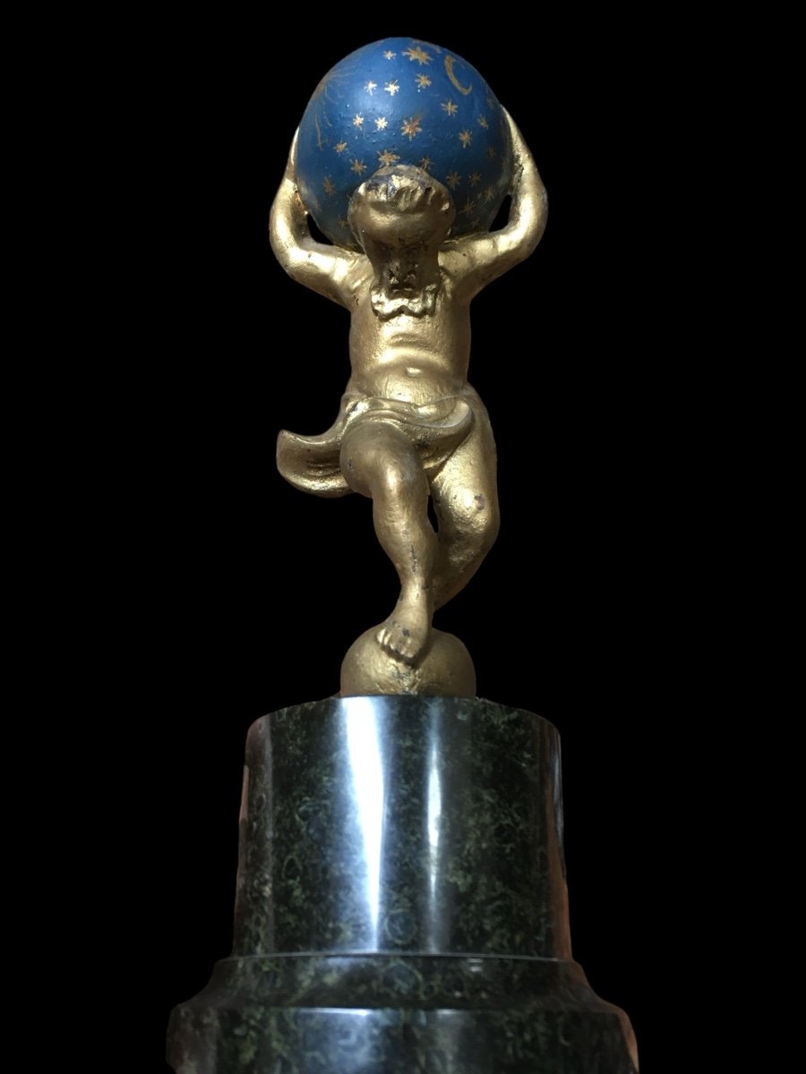 Wooden Sculpture (atlas) On Green Marble Base.