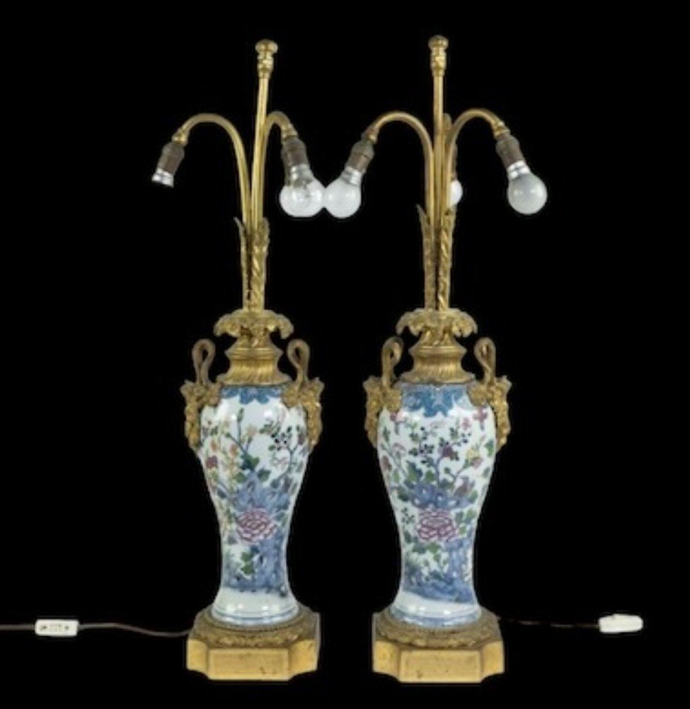 Pair Of Chinese Famille Rose Vases Transformed Into  Floor Lamps 19th Century.-photo-3