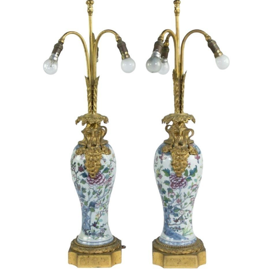 Pair Of Chinese Famille Rose Vases Transformed Into  Floor Lamps 19th Century.-photo-1