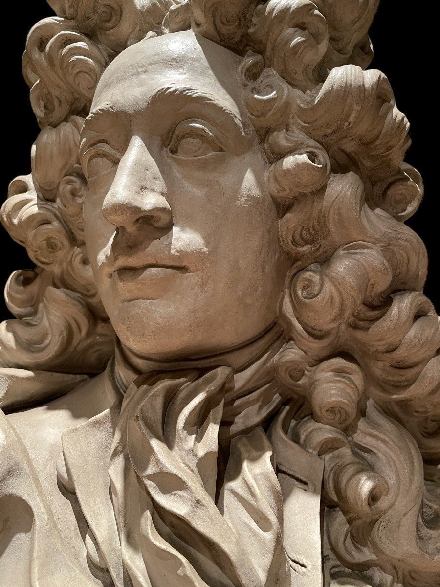 Grand Buste De Noble De Style Louis XIV En Terre Cuite 19ème. ( 79cm )-photo-4