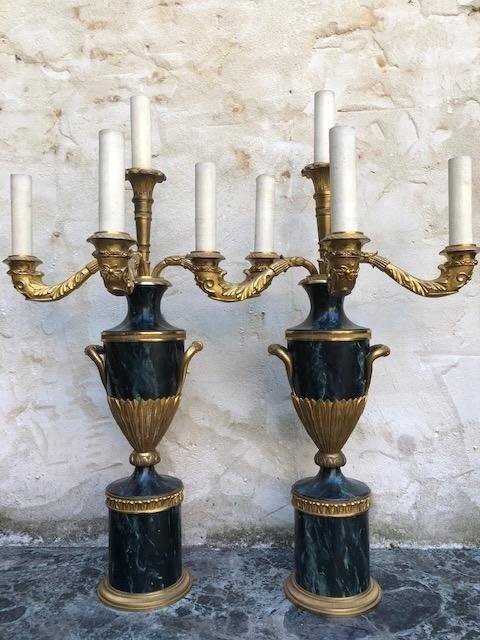 Paire De Candélabres Suédois En Bronze Doré / Métal Marbré 1900.-photo-2
