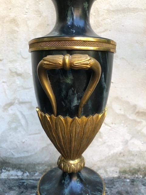 Paire De Candélabres Suédois En Bronze Doré / Métal Marbré 1900.-photo-3