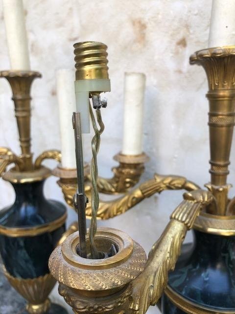 Paire De Candélabres Suédois En Bronze Doré / Métal Marbré 1900.-photo-4
