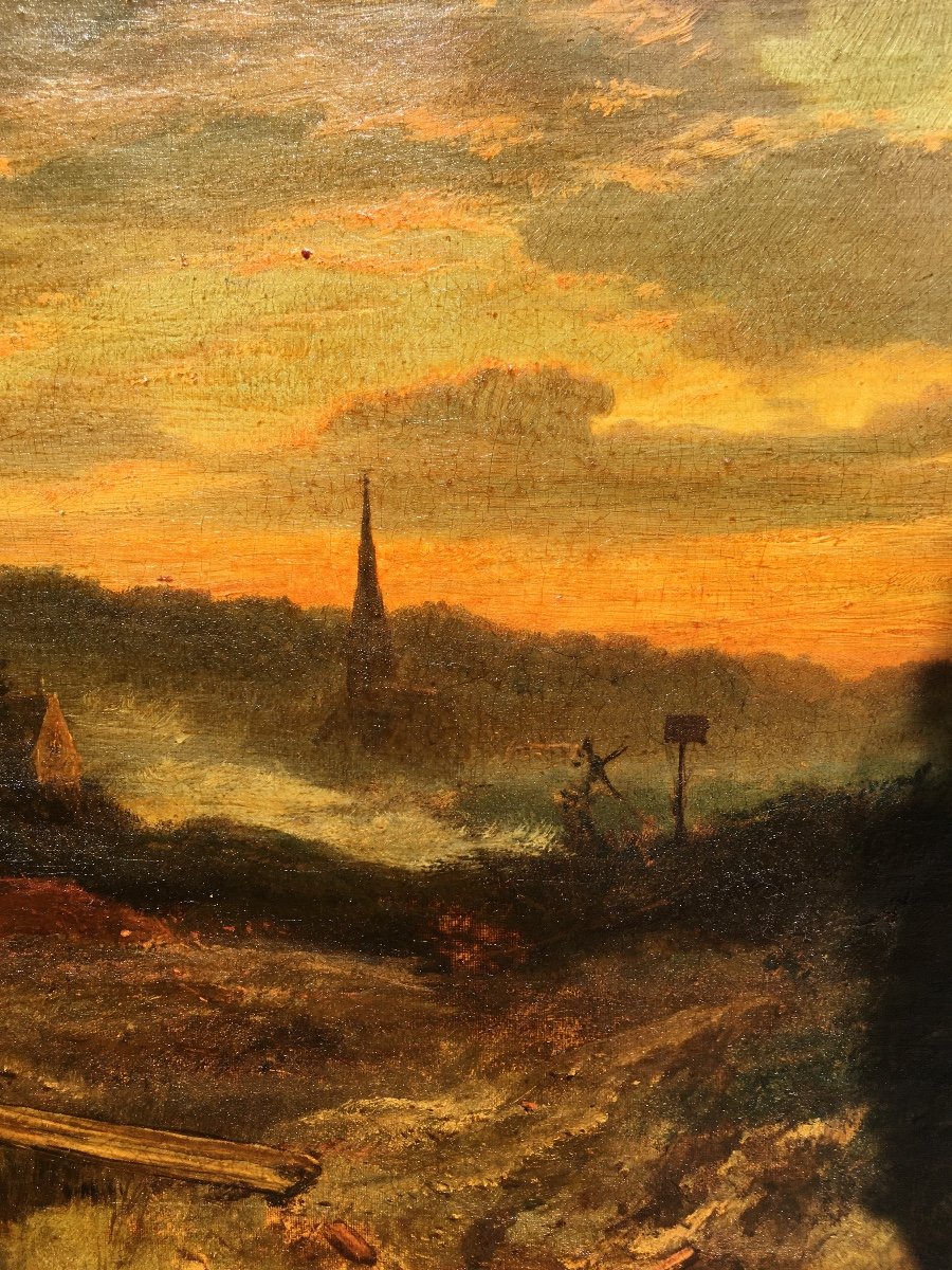 Atmospheric Evening Landscape, Oil On Canvas 78x48 Cm 19th Century -photo-4