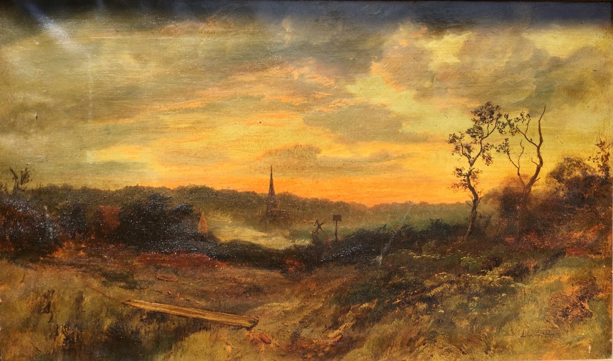 Atmospheric Evening Landscape, Oil On Canvas 78x48 Cm 19th Century -photo-8