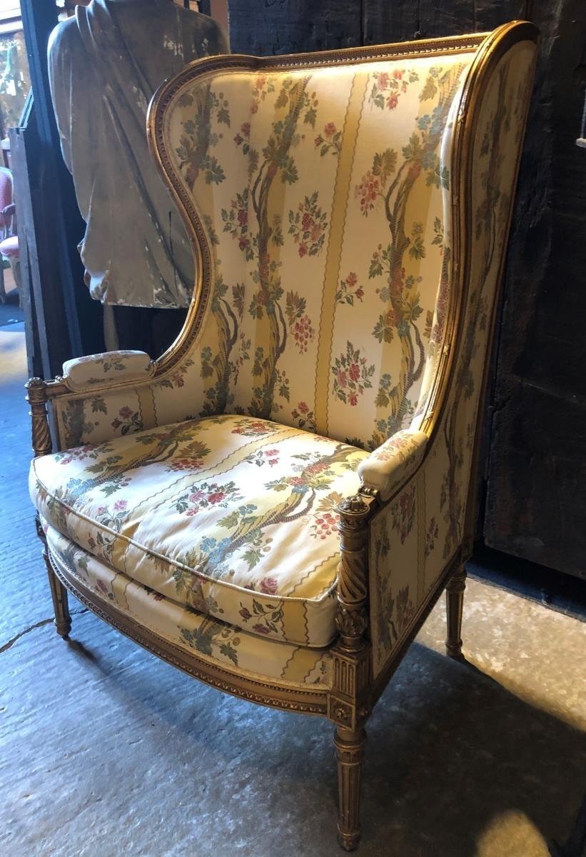 Large Louis XVI Style Bergère  In Gilded Wood, 19th Century.-photo-3