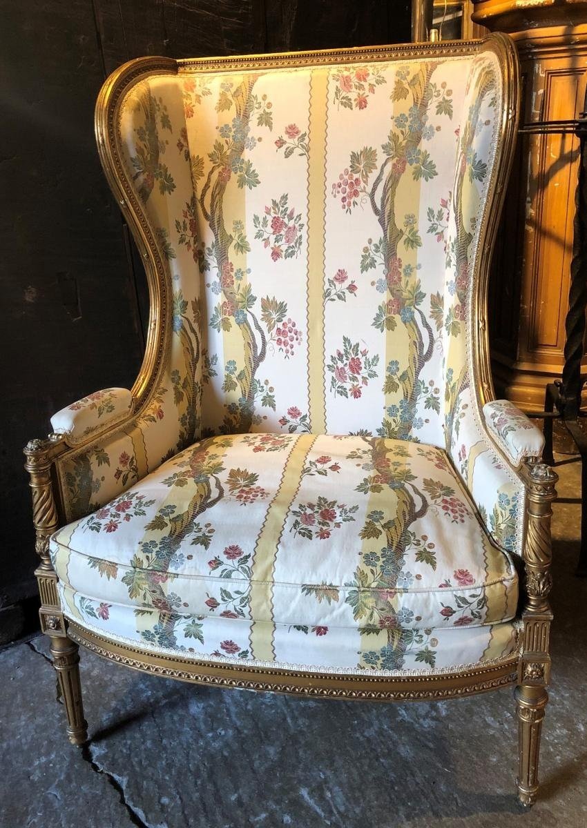 Large Louis XVI Style Bergère  In Gilded Wood, 19th Century.