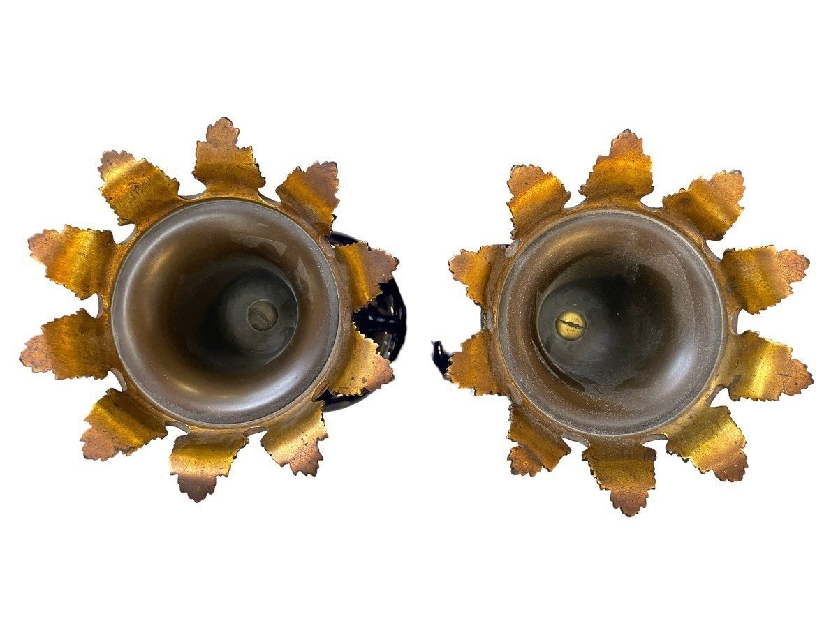 Pair Of Ornamental Vases In Blue Earthenware And Bronze 19th Century-photo-7